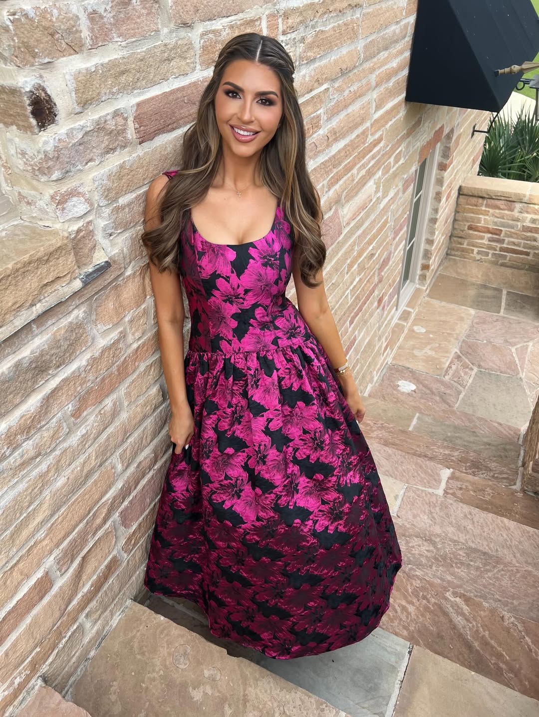 Elliatt - Holly A-Line Gown in Pink & Black Floral Dress