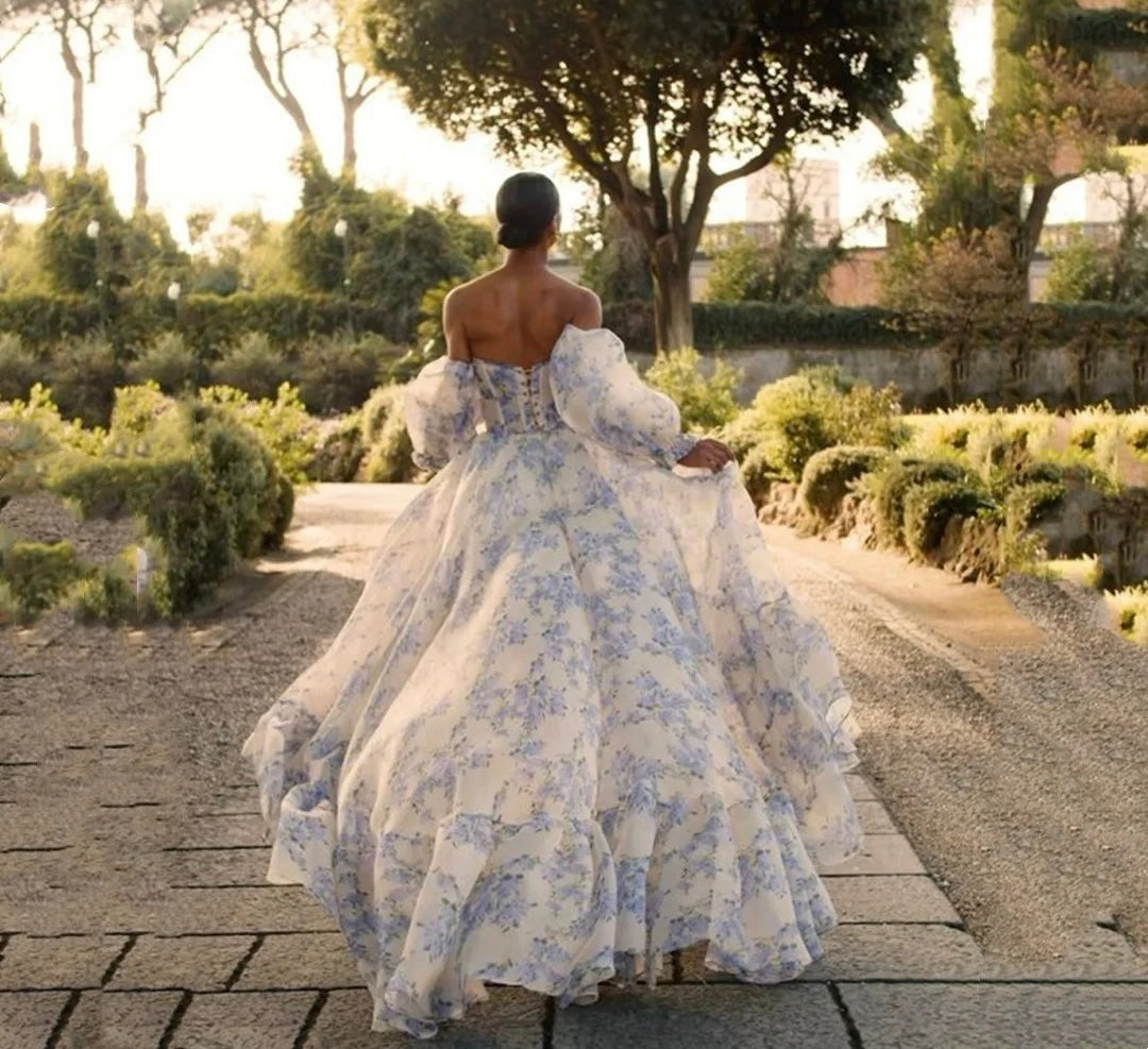 floral long train dress for rent