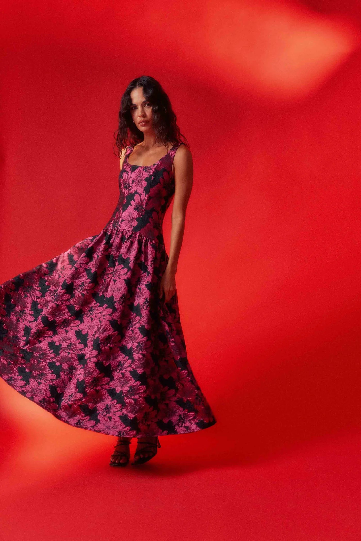 Elliatt - Holly A-Line Gown in Pink & Black Floral Dress