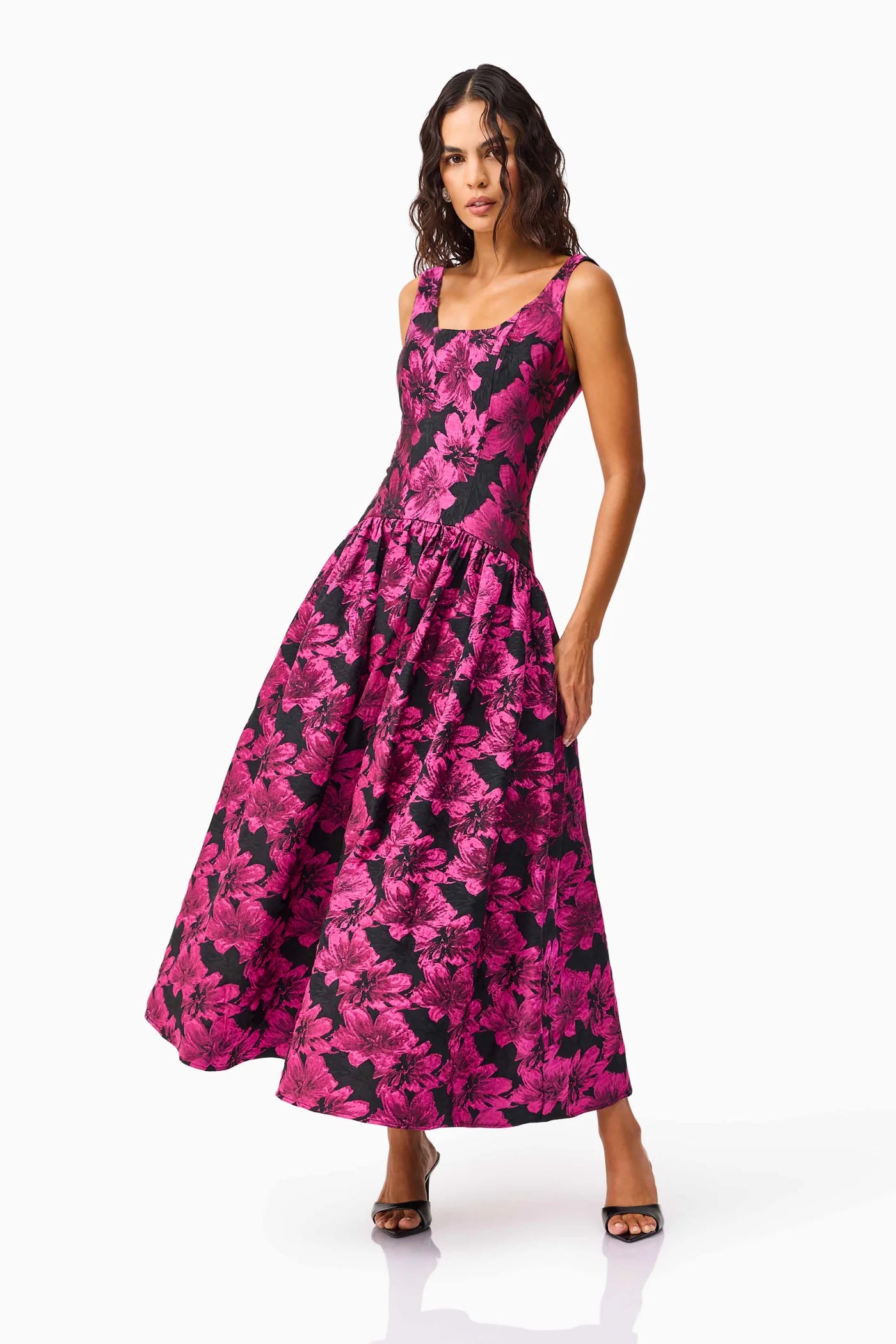 Elliatt - Holly A-Line Gown in Pink & Black Floral Dress