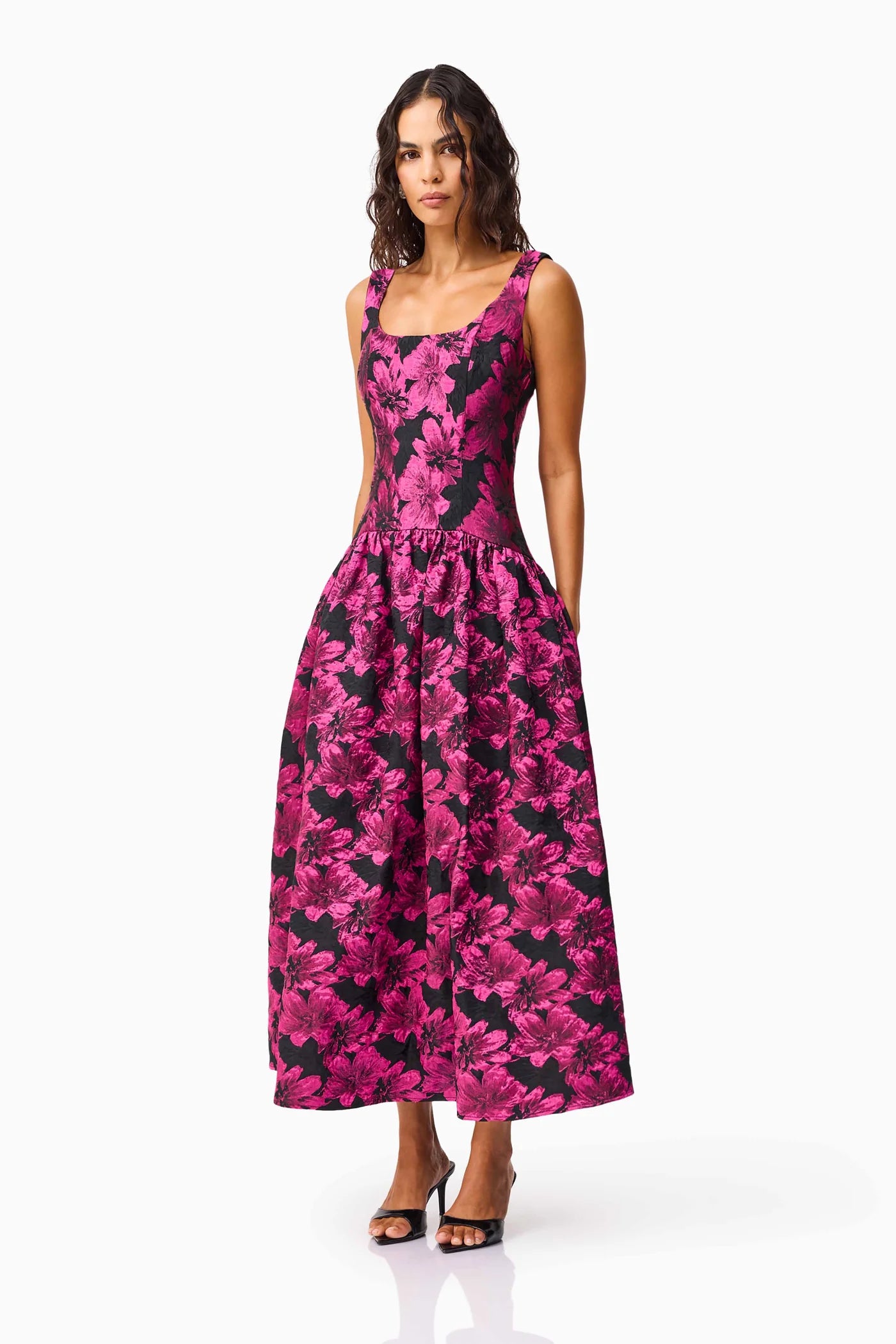Elliatt - Holly A-Line Gown in Pink & Black Floral Dress