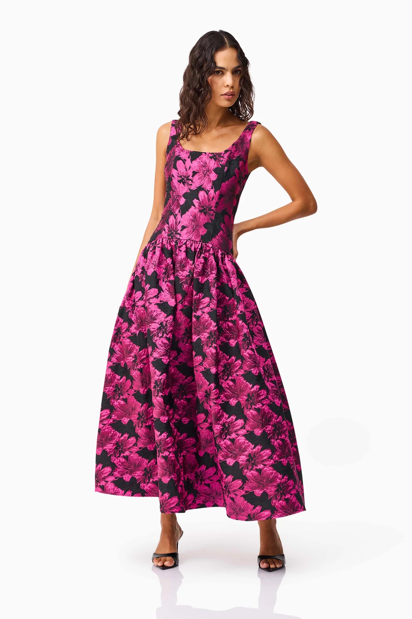 Elliatt - Holly A-Line Gown in Pink & Black Floral Dress