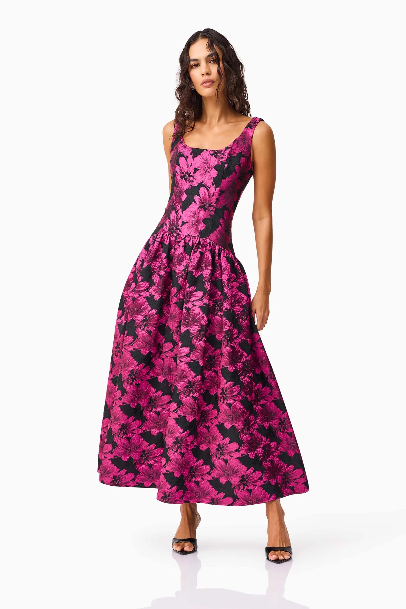 Elliatt - Holly A-Line Gown in Pink & Black Floral Dress