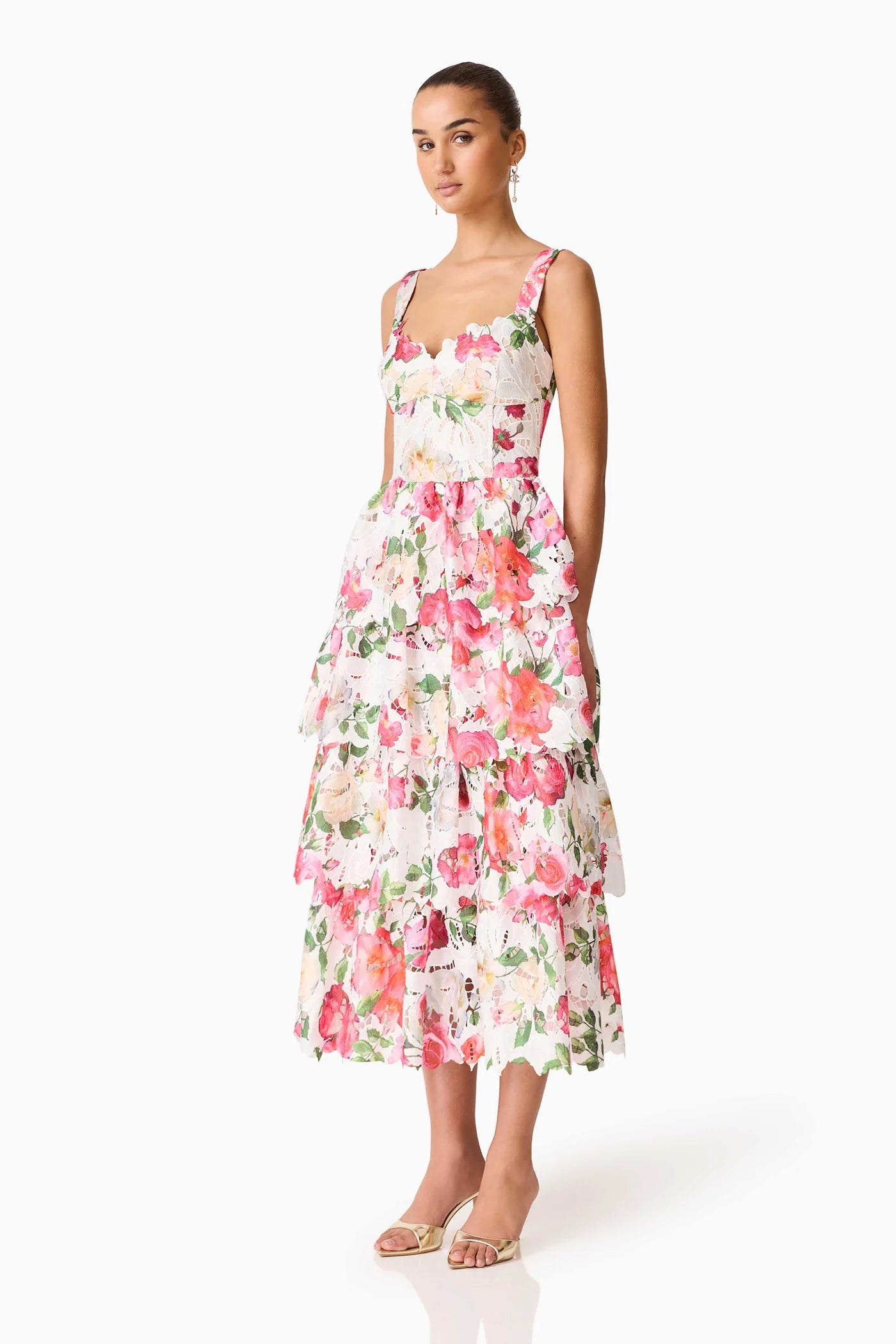 Elliatt - Roselle Tiered Midi Dress Pink Floral