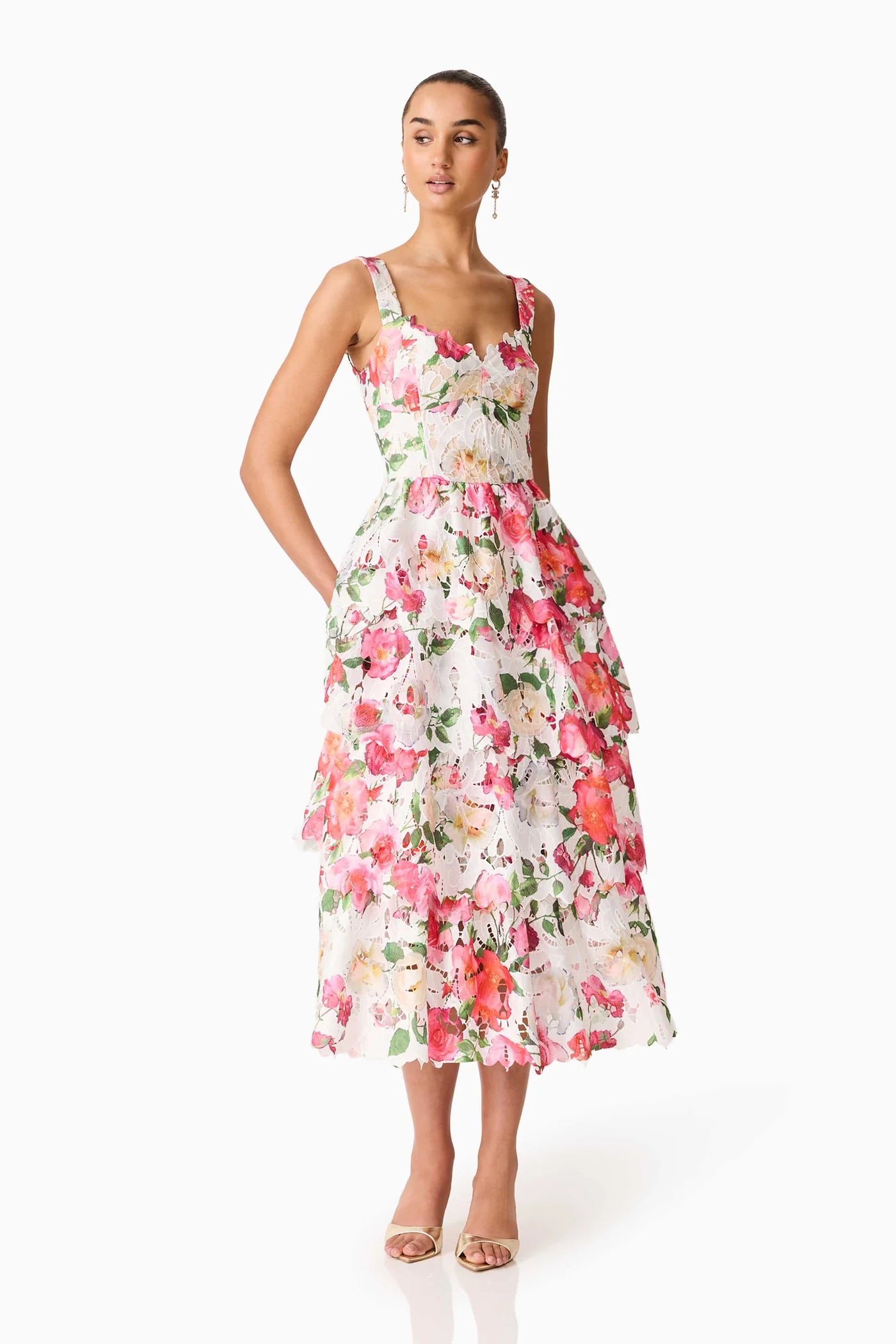 Elliatt - Roselle Tiered Midi Dress Pink Floral